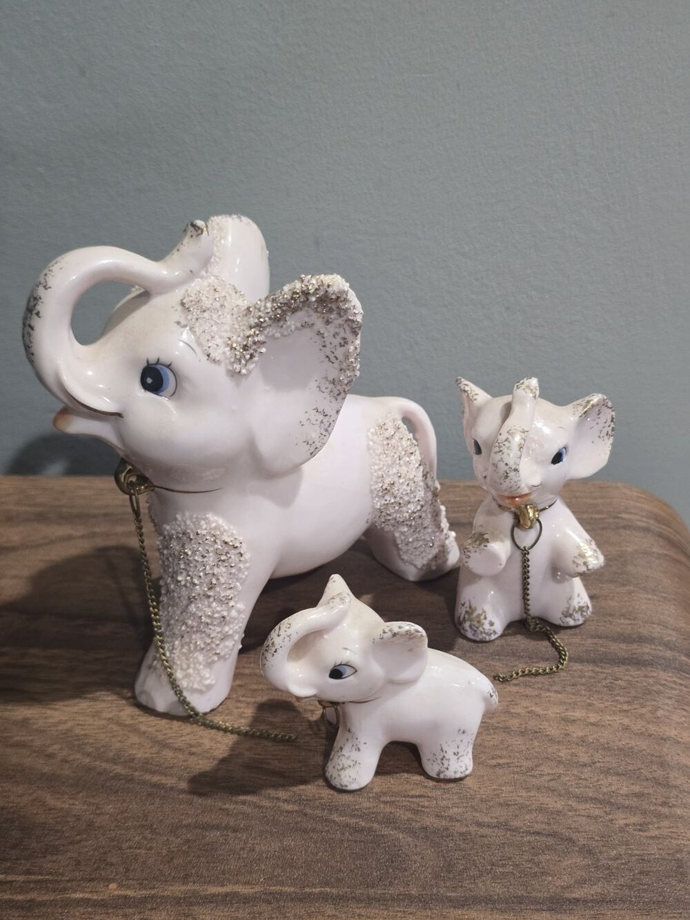 Vintage Ceramic Pink Elephant Family (lot 3) w/ collars Japan